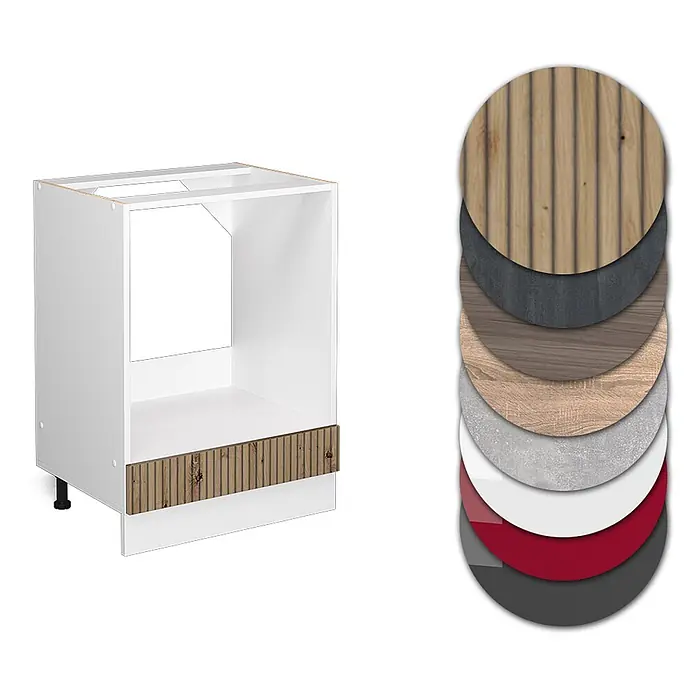 Vicco Schrankküche R-Line Artisan-Eiche ohne Arbeitsplatte - Artisan-Eiche, Herdumbauschrank 60 cm - Weißer Küchenunterschrank mit Geräteöffnung und gerippter Holzblende. Materialmuster zeigen Optionen.