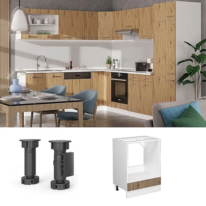Vicco Schrankküche R-Line Artisan-Eiche ohne Arbeitsplatte - Artisan-Eiche, Herdumbauschrank 60 cm - Moderne Küche mit hellen Holzlamellenfronten, weißen Arbeitsplatten, integrierten Geräten und einem Essbereich.