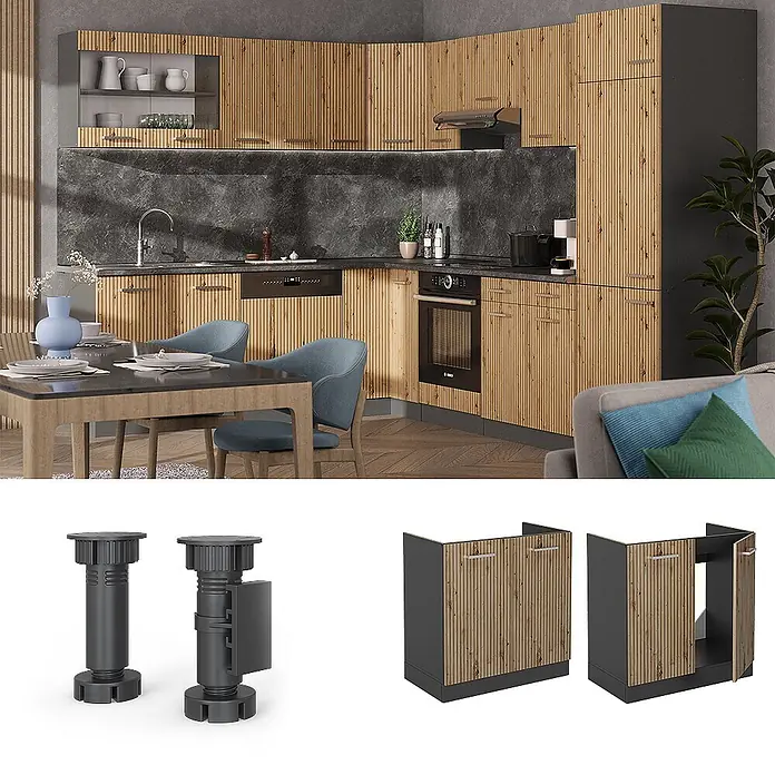 Vicco Schrankküche R-Line Artisan-Eiche ohne Arbeitsplatte - Artisan-Eiche, Spülenunterschrank 80 cm - Verstellbare schwarze Kunststoff-Küchenschrankfüße und graue Unterschränke mit Lamellenfronten in Naturholzoptik.