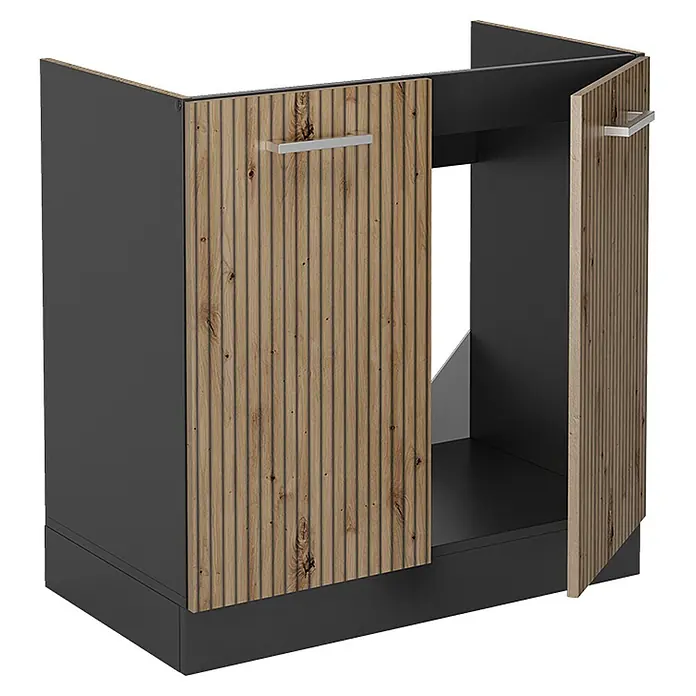 Vicco Schrankküche R-Line Artisan-Eiche ohne Arbeitsplatte - Artisan-Eiche, Spülenunterschrank 80 cm - Dunkelgrauer Küchenunterschrank mit geriffelten Holzoptik-Türen, eine offen. Silberne Griffe. Platz für Spüle oder Gerät.