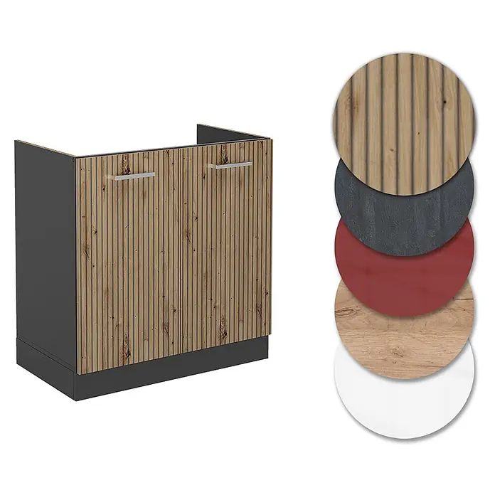 Vicco Schrankküche R-Line Artisan-Eiche ohne Arbeitsplatte - Artisan-Eiche, Spülenunterschrank 80 cm - Dunkelgrauer Schrank mit geriffelten Holztüren, daneben fünf Materialmuster: Holz, Dunkelgrau, Rot, Helles Holz, Weiß.