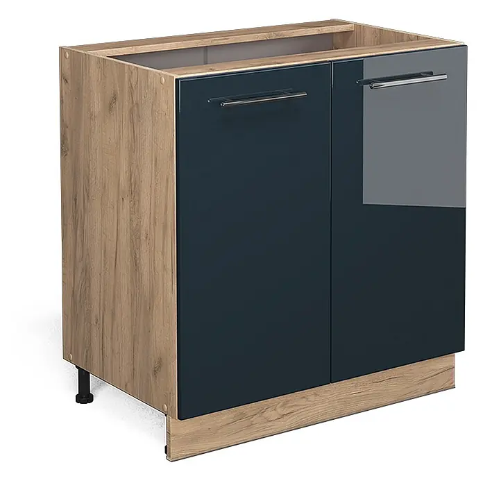 Vicco Schrankküche Fame-Line Dunkelblau Hochglanz mit Regal, ohne Arbeitsplatte - Dunkelblau Hochglanz, Unterschrank 80 cm - Zweitüriger Küchenunterschrank mit Holzoptikrahmen und dunkelblauen Hochglanztüren mit Metallgriffen.