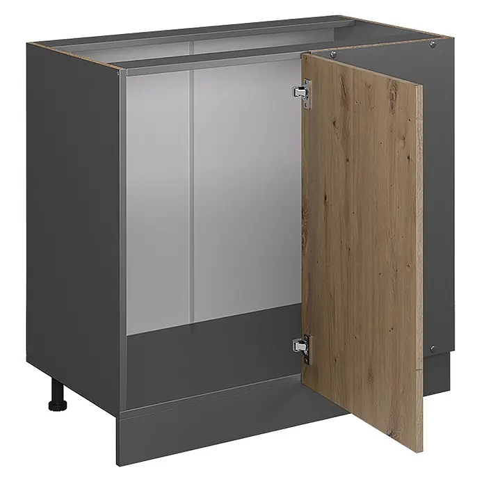Vicco Schrankküche R-Line Artisan-Eiche ohne Arbeitsplatte - Artisan-Eiche, Eckunterschrank 86 cm - Dunkelgrauer Küchenunterschrank mit offener Tür in heller Holzoptik, Scharnieren und Innenraum.