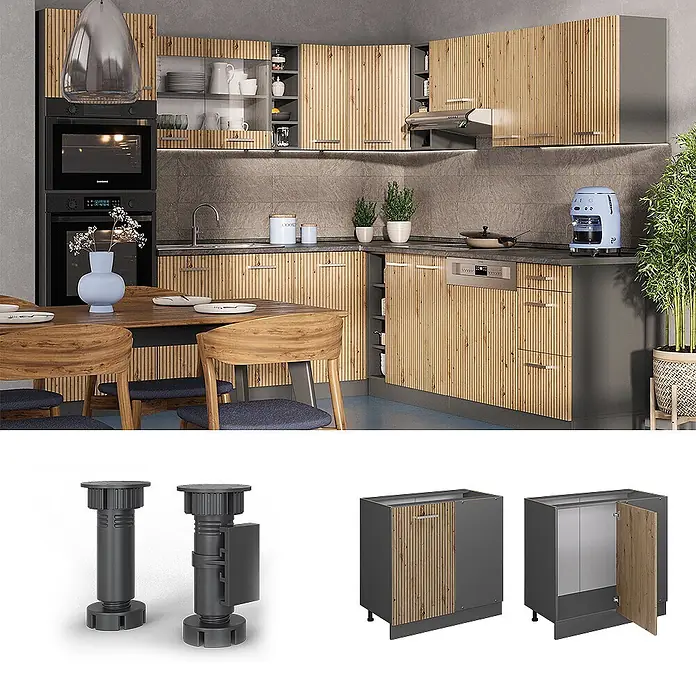Vicco Schrankküche R-Line Artisan-Eiche ohne Arbeitsplatte - Artisan-Eiche, Eckunterschrank 86 cm - Modernes Küchenschranksystem in Dunkelgrau mit Lattenfronten in Naturholzoptik, gezeigt mit verstellbaren Füßen und modularen Einheiten.