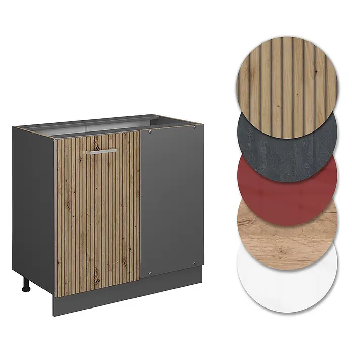 Vicco Schrankküche R-Line Artisan-Eiche ohne Arbeitsplatte - Artisan-Eiche, Eckunterschrank 86 cm - Dunkelgrauer Küchenunterschrank mit geriffelter Holztür, Metallgriff und Materialmustern (geriffeltes Holz, Dunkelgrau, Rot, helles Holz, Weiß).