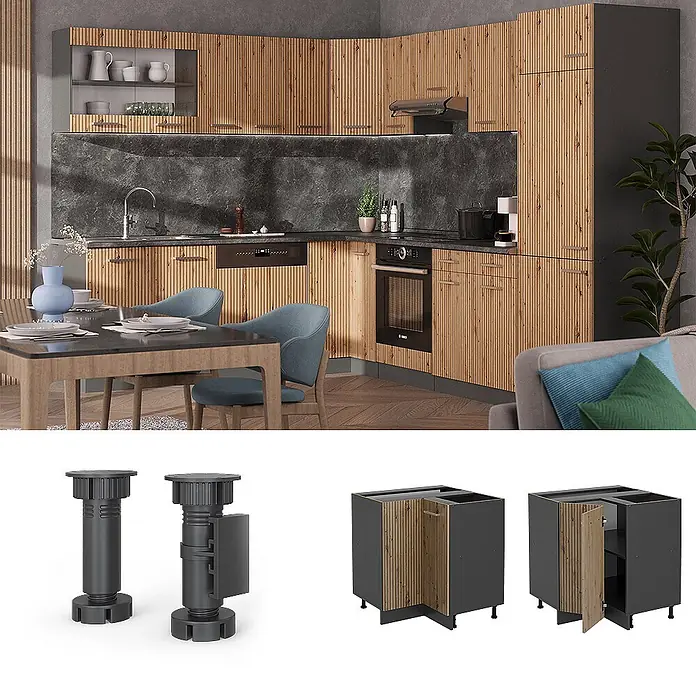 Vicco Schrankküche R-Line Artisan-Eiche ohne Arbeitsplatte - Artisan-Eiche, Eckunterschrank - Moderne Küche mit holzlamellierten Fronten, dunkelgrauen Arbeitsplatten und integrierten Geräten.