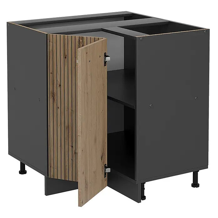 Vicco Schrankküche R-Line Artisan-Eiche ohne Arbeitsplatte - Artisan-Eiche, Eckunterschrank - Dunkelgrauer Küchenunterschrank mit offener, geriffelter heller Holztür, mit Innenregal und verstellbaren Füßen.