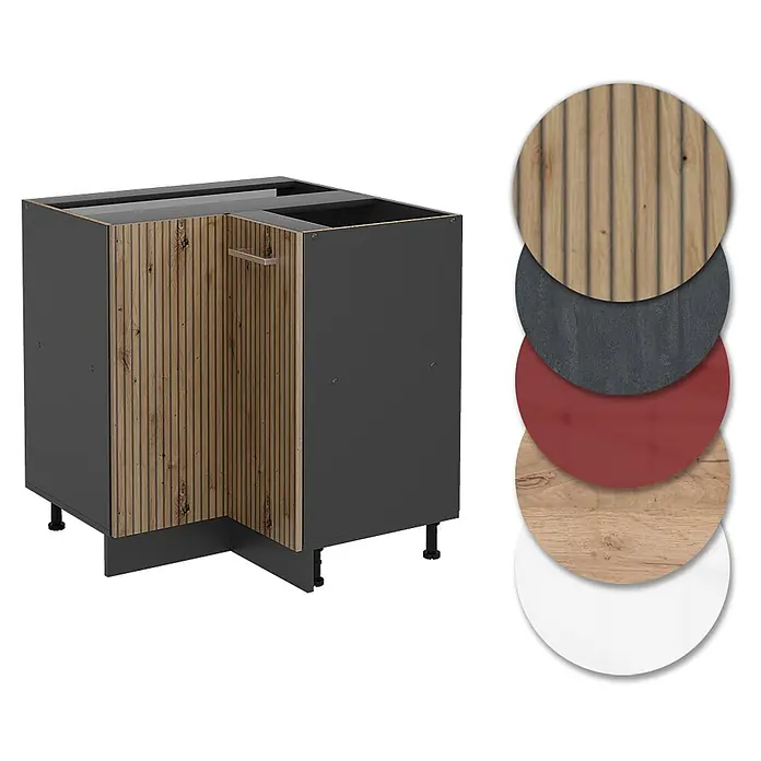 Vicco Schrankküche R-Line Artisan-Eiche ohne Arbeitsplatte - Artisan-Eiche, Eckunterschrank - Dunkelgrauer Eckunterschrank mit Holzlamellenfront, daneben Oberflächenmuster.