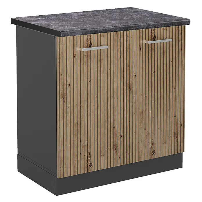 Vicco Schrankküche R-Line Artisan-Eiche, AP Anthrazit - Artisan-Eiche, Spülenunterschrank 80 cm, AP Anthrazit - Dunkelgrauer Küchenschrank mit dunkler Steinoptik-Arbeitsplatte und zwei Holzlamellen-Türen mit silbernen Griffen.
