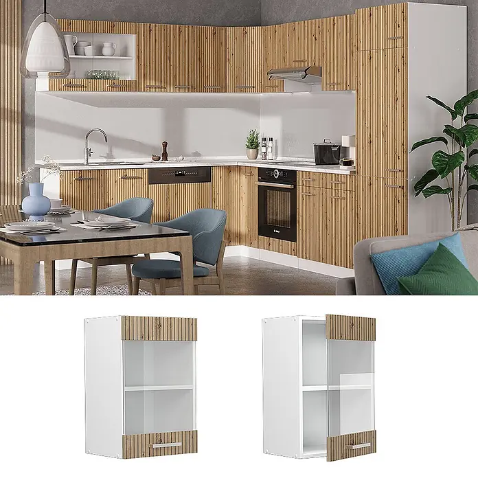 Vicco Schrankküche R-Line Artisan-Eiche - Artisan-Eiche, Hängeglasschrank 40 cm - Moderne Küche mit hellen Holzimitat-Schränken mit Rippenstruktur und weißen Elementen, dazu ein passender Wandschrank mit Glastür.