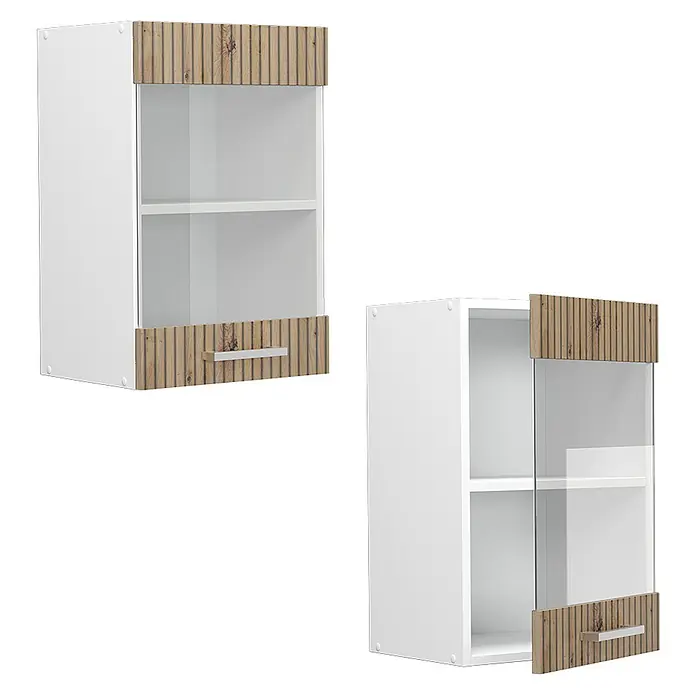 Vicco Schrankküche R-Line Artisan-Eiche - Artisan-Eiche, Hängeglasschrank 40 cm - Weißer Küchenhängeschrank mit gerippten Holz-Akzenten, Klarglastür und silbernem Griff.