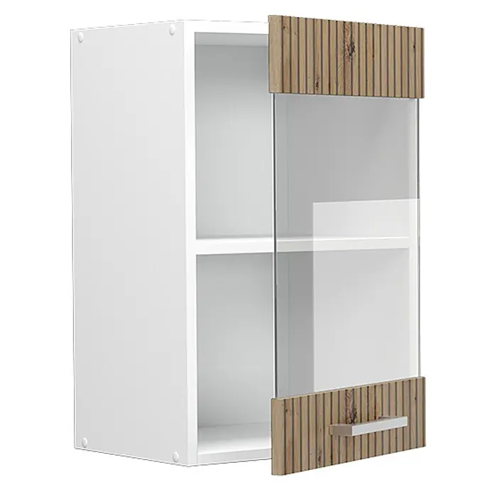 Vicco Schrankküche R-Line Artisan-Eiche - Artisan-Eiche, Hängeglasschrank 40 cm - Weißer Hängeschrank mit Glastür, geriffelten Holzpaneelen und silbernem Griff.