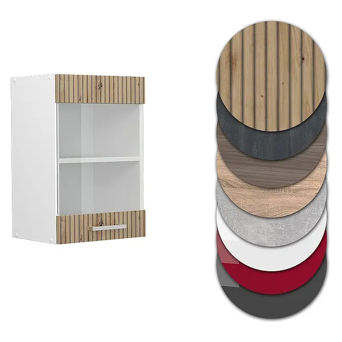 Vicco Schrankküche R-Line Artisan-Eiche - Artisan-Eiche, Hängeglasschrank 40 cm - Weißer Wandschrank mit Glastür, geriffelten Holzdekor-Paneelen und Griff, mit Material- und Farbmustern.