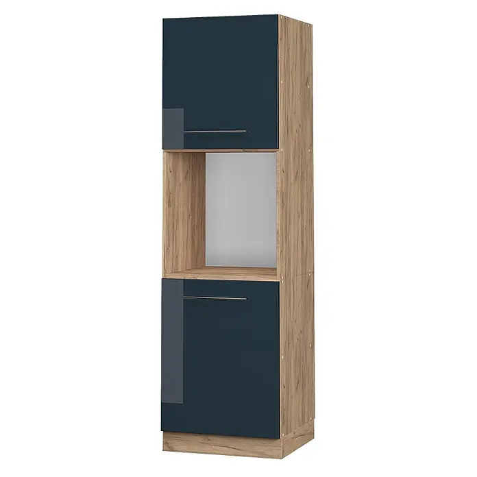Vicco Schrankküche Fame-Line Dunkelblau Hochglanz offen - Dunkelblau Hochglanz, Herdumbauschrank hoch 60 cm offen - Hoher Holzschrank mit dunkelblauen Türen und offenem Fach.