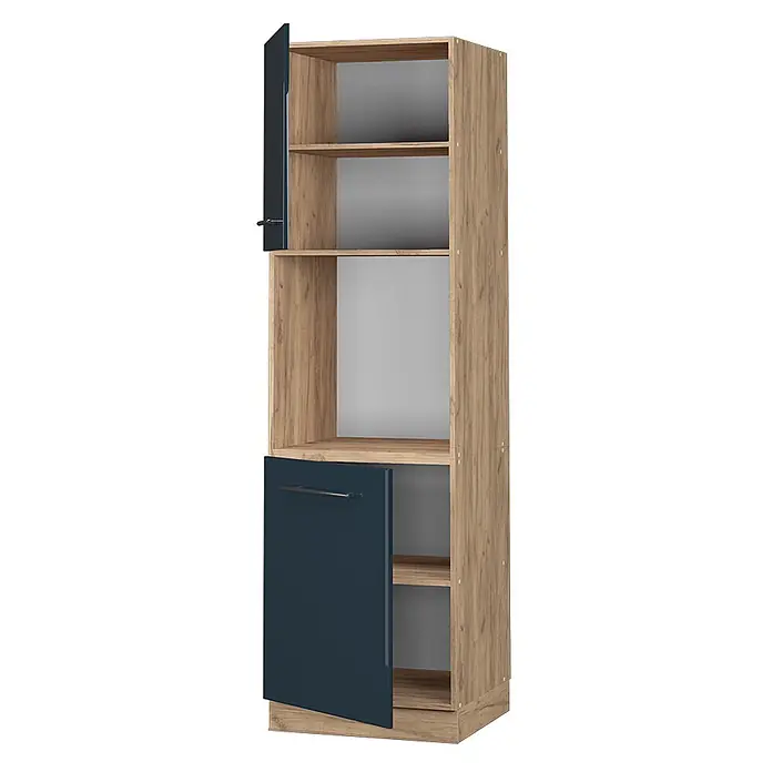 Vicco Schrankküche Fame-Line Dunkelblau Hochglanz offen - Dunkelblau Hochglanz, Herdumbauschrank hoch 60 cm offen - Hoher Schrank in Holzoptik mit offenen Fächern und zwei dunkelblauen Türen, oben und unten, leicht geöffnet.