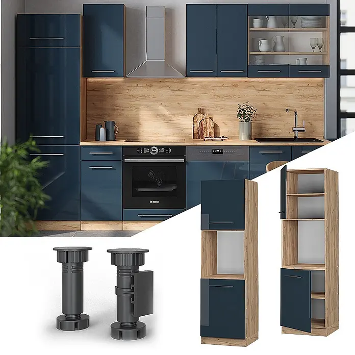 Vicco Schrankküche Fame-Line Dunkelblau Hochglanz offen - Dunkelblau Hochglanz, Herdumbauschrank hoch 60 cm offen - Moderne Küche mit glänzenden blauen Schränken, Holzelementen und integrierten Geräten.