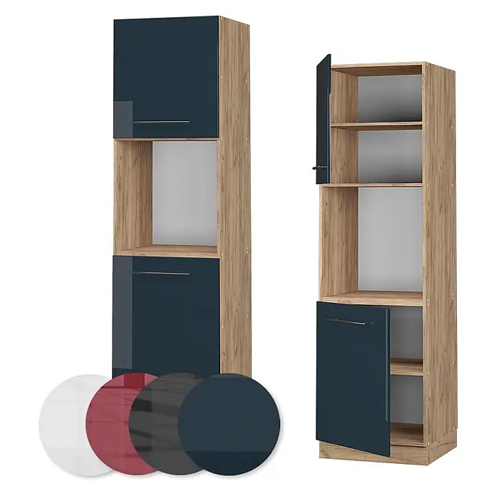 Vicco Schrankküche Fame-Line Dunkelblau Hochglanz offen - Dunkelblau Hochglanz, Herdumbauschrank hoch 60 cm offen - Hoher Schrank in Holzoptik mit dunkelblauen Hochglanztüren, offenen Fächern und Farbmustern. Rechte Ansicht: offene Türen, Regalböden.