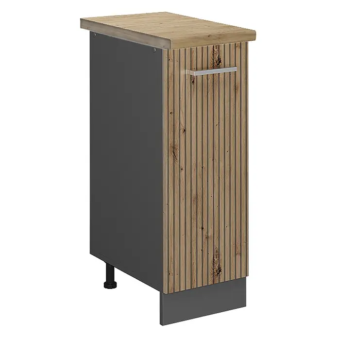 Vicco Schrankküche R-Line Artisan-Eiche, AP Eiche - Artisan-Eiche, Apothekerunterschrank 30 cm, AP Eiche - Schmaler Schrank mit heller Holzplatte, dunkelgrauen Seiten und geriffelter Holzoptiktür mit Silbergriff.