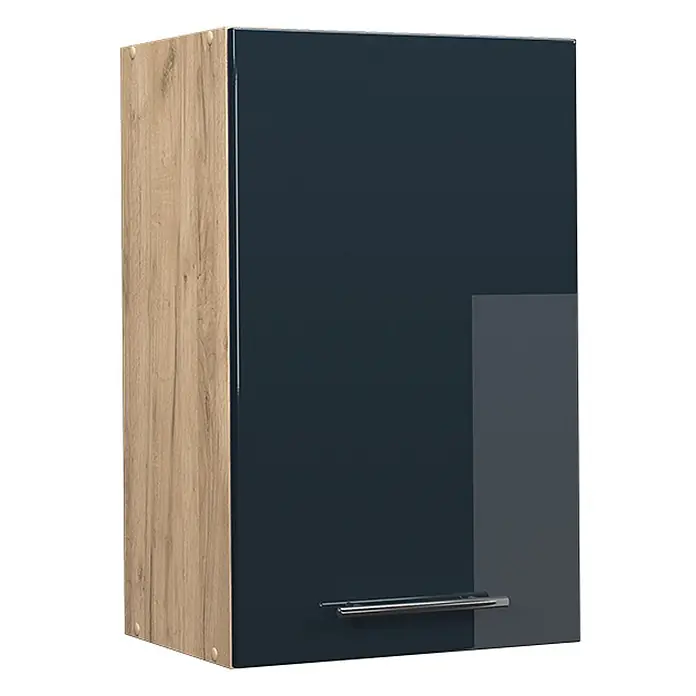 Vicco Schrankküche Fame-Line Dunkelblau Hochglanz - Dunkelblau Hochglanz, Hängeschrank 45 cm - Wandschrank mit Eicheneffekt-Seite, dunkelblauer Tür, dunkelgrauem Akzent und silbernem Griff.