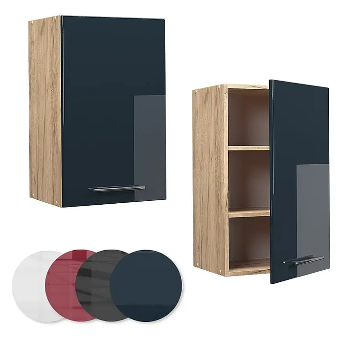 Vicco Schrankküche Fame-Line Dunkelblau Hochglanz - Dunkelblau Hochglanz, Hängeschrank 45 cm - Dunkelblauer Hochglanz-Wandschrank mit heller Holzrahmen, offen mit Regalen gezeigt. Inkl. Farbmuster.
