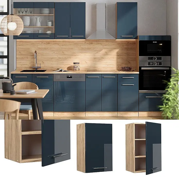 Vicco Schrankküche Fame-Line Dunkelblau Hochglanz - Dunkelblau Hochglanz, Hängeschrank 45 cm - Moderne Küche mit hochglänzenden dunkelblauen Schränken, hellen Holz-Akzenten und integrierten Geräten.