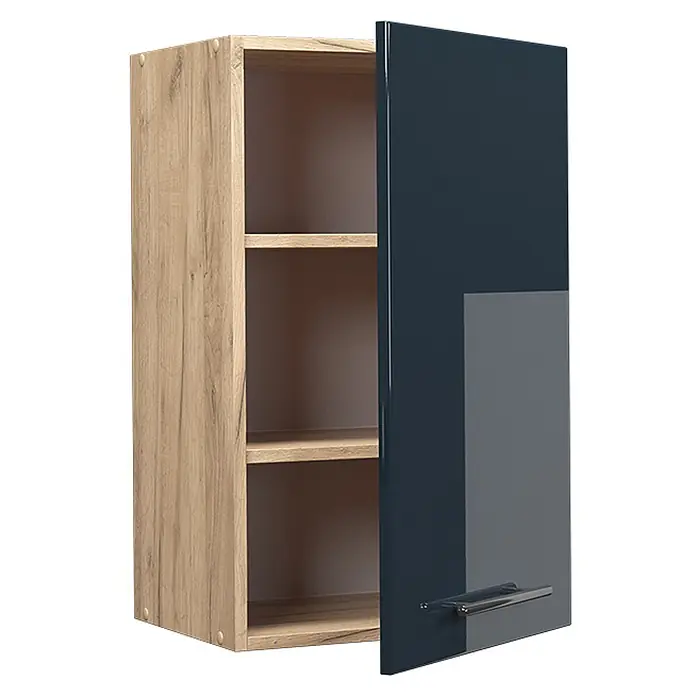 Vicco Schrankküche Fame-Line Dunkelblau Hochglanz - Dunkelblau Hochglanz, Hängeschrank 45 cm - Wandhängeschrank mit hellem Eiche-Dekor und glänzender dunkelblauer Tür, teilweise geöffnet, Regalböden sichtbar.