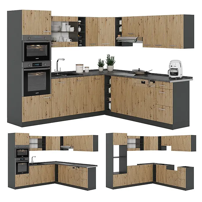 Vicco Eckküche R-Line Artisan Eiche/Anthrazit, AP Eiche - Artisan-Eiche, Ohne Elektrogeräte - L-förmige Modulküche mit hellen Holzlamellenfronten und dunkelgrauen Schränken. Mit Einbauöfen, Spüle, Geschirrspüler und offenen Regalen.