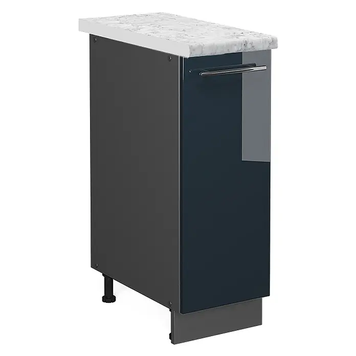 Vicco Schrankküche Fame-Line Dunkelblau Hochglanz, AP Marmor - Dunkelblau Hochglanz, Apothekerunterschrank 30 cm, AP Marmor - Dunkelblauer Hochglanz-Küchenunterschrank mit weißer Platte in Marmoroptik und Chromgriff.