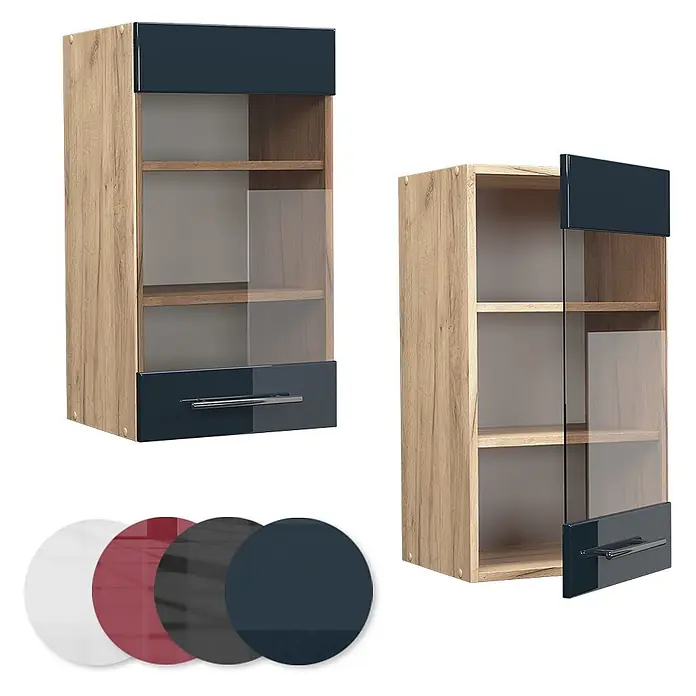Vicco Schrankküche Fame-Line Dunkelblau Hochglanz - Dunkelblau Hochglanz, Hängeglasschrank 40 cm