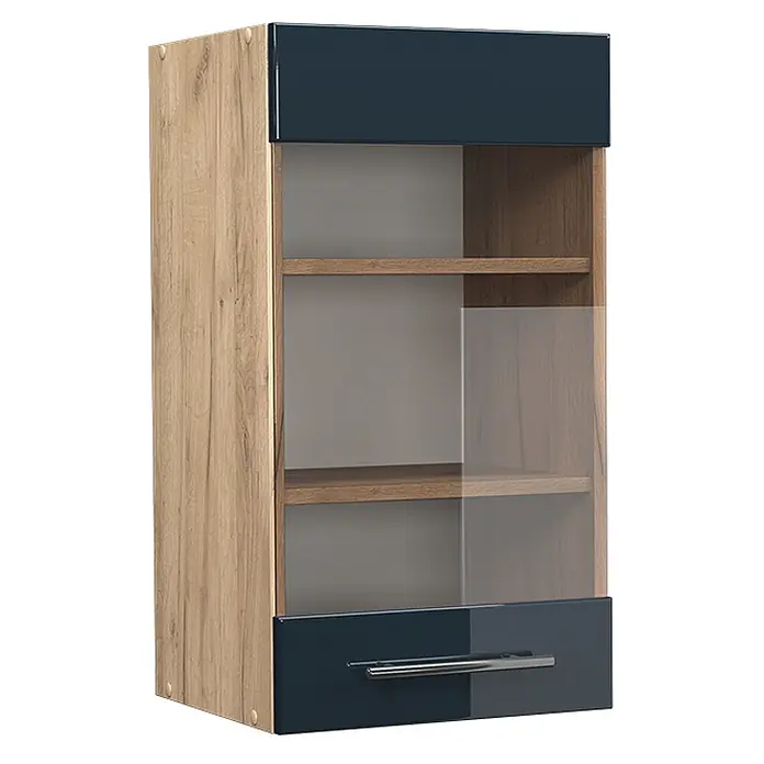 Vicco Schrankküche Fame-Line Dunkelblau Hochglanz - Dunkelblau Hochglanz, Hängeglasschrank 40 cm - Wandregal in Eichendekor und Dunkelblau mit Glasfront, Innenböden und Griff.