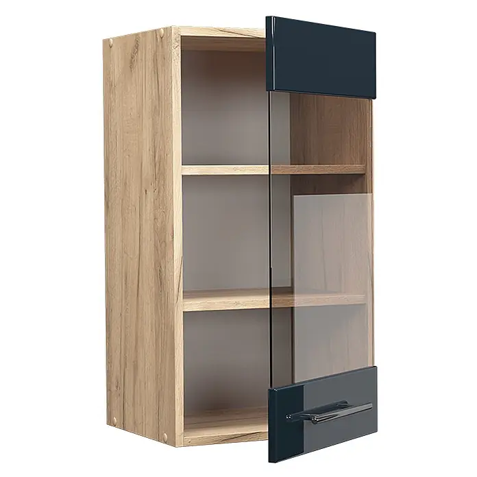 Vicco Schrankküche Fame-Line Dunkelblau Hochglanz - Dunkelblau Hochglanz, Hängeglasschrank 40 cm - Holz-Hängeschrank mit zwei Regalböden und einer dunkelblauen Glastür mit Metallgriff.