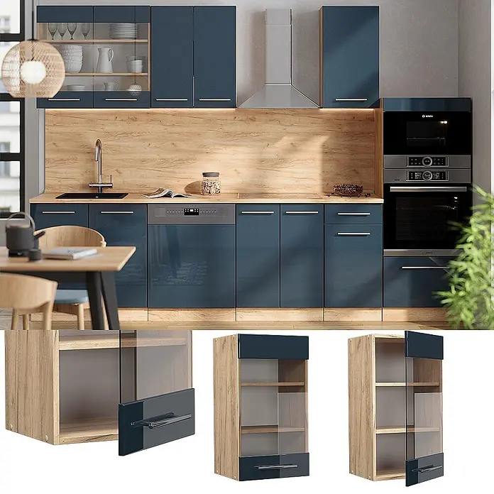 Vicco Schrankküche Fame-Line Dunkelblau Hochglanz - Dunkelblau Hochglanz, Hängeglasschrank 40 cm - Moderne modulare Küchenschränke und Vitrinen in Blau und hellem Holzdekor, mit Glastüren und schlanken Metallgriffen.