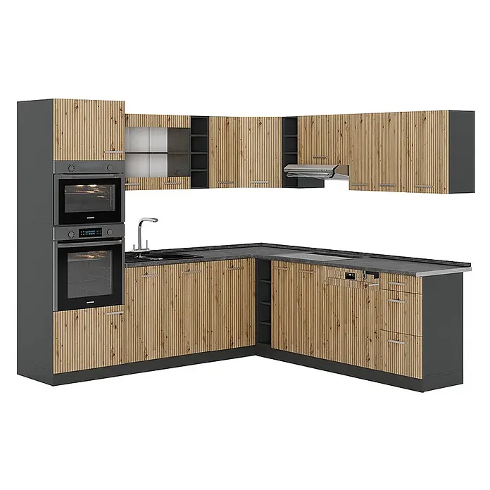 Vicco Eckküche R-Line Artisan Eiche/Anthrazit, AP Anthrazit - B x T: 247 x 60 cm, Artisan-Eiche, Ohne Elektrogeräte - L-förmige Küche mit vertikal geriffelten Holzfronten, dunkelgrauen Arbeitsplatten, integrierten Öfen, Spüle und Geschirrspüler.
