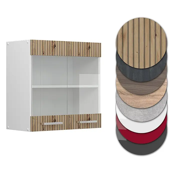 Vicco Schrankküche R-Line Artisan-Eiche - Artisan-Eiche, Hängeglasschrank 60 cm - Weißer Wandschrank mit Glastüren und Holz Akzenten, präsentiert mit verschiedenen Material- und Farbmustern.