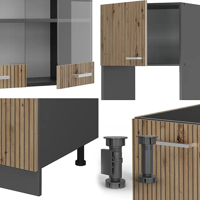 Vicco Eckküche R-Line Artisan Eiche/Anthrazit, AP Eiche - Artisan-Eiche, Ohne Elektrogeräte - Moderne Modulschränke: dunkelgrauer Korpus, geriffelte Holz-Optik-Türen, Glaspaneele, verstellbare Füße.