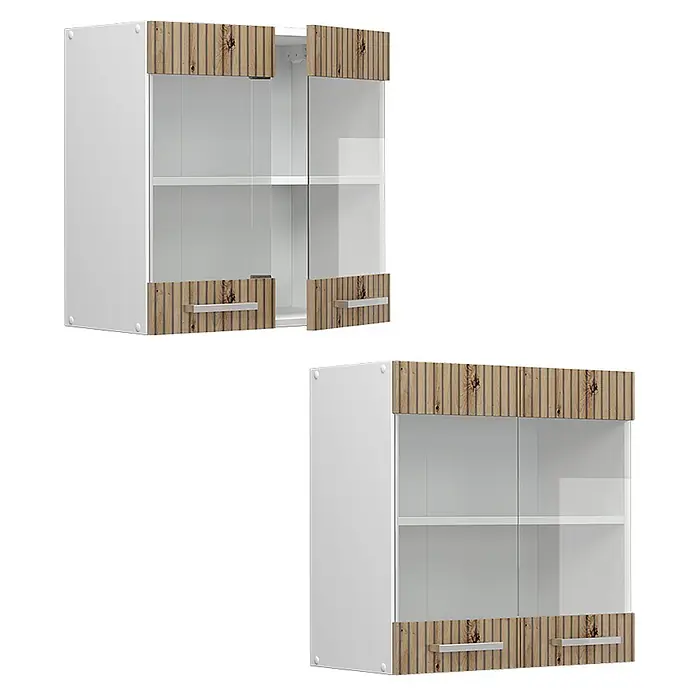 Vicco Schrankküche R-Line Artisan-Eiche - Artisan-Eiche, Hängeglasschrank 60 cm - Weißer Hängeschrank mit zwei Glastüren, Holzoptik-Paneelen oben/unten und silbernen Griffen.