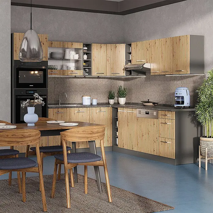 Vicco Eckküche R-Line Artisan Eiche/Anthrazit, AP Eiche - Artisan-Eiche, Ohne Elektrogeräte - Moderne Eckküche mit hellen Holzlamellenfronten und dunkelgrauen Akzenten, integrierten Geräten und Esstisch.