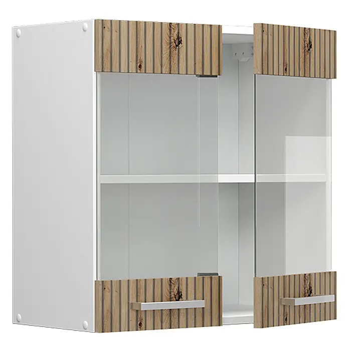 Vicco Schrankküche R-Line Artisan-Eiche - Artisan-Eiche, Hängeglasschrank 60 cm - Weißer Wandschrank mit zwei Glastürfronten, Holzleisten oben und unten und zwei Regalböden.