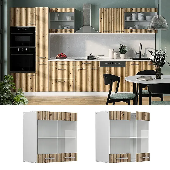 Vicco Schrankküche R-Line Artisan-Eiche - Artisan-Eiche, Hängeglasschrank 60 cm - Weißer Küchen-Hängeschrank mit Glastüren und Holzlatten-Effektakzenten.