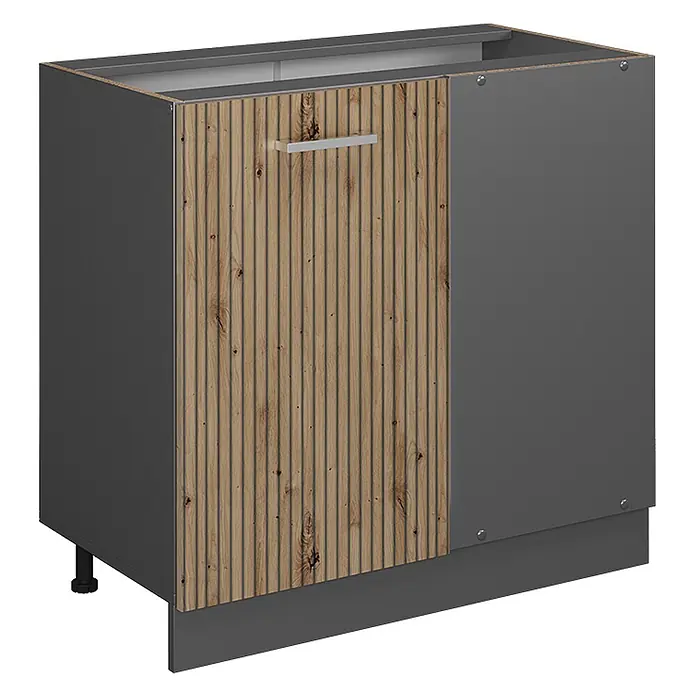 Vicco Schrankküche R-Line Artisan-Eiche ohne Arbeitsplatte - Artisan-Eiche, Eckunterschrank 86 cm - Dunkelgrauer Unterschrank mit gerippter Holztür und Metallgriff auf verstellbaren Füßen.