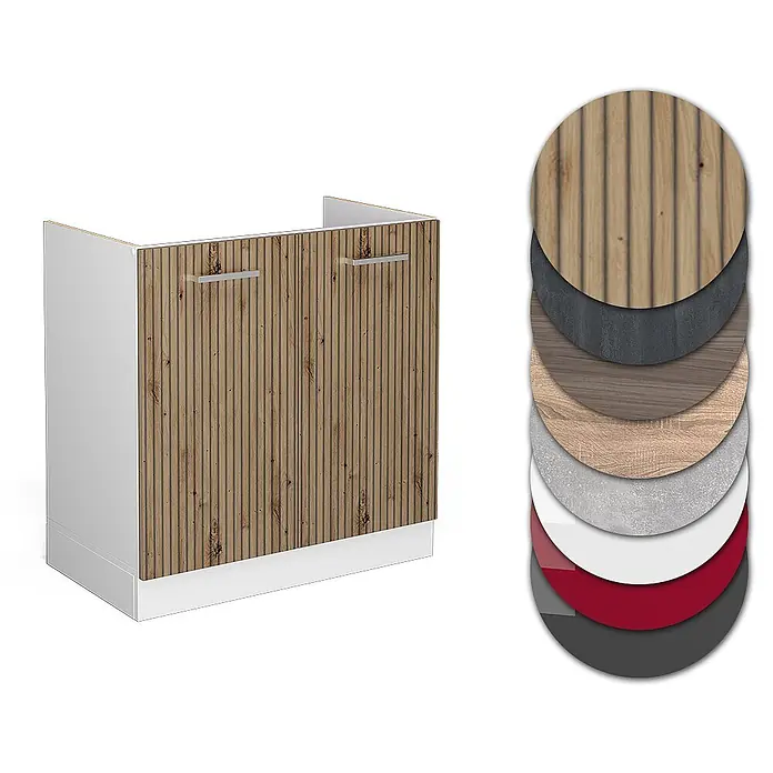 Vicco Schrankküche R-Line Artisan-Eiche ohne Arbeitsplatte - Artisan-Eiche, Spülenunterschrank 80 cm - Unterschrank mit geriffelten Holztüren und Griffen, daneben Muster verschiedener Materialien und Farben.