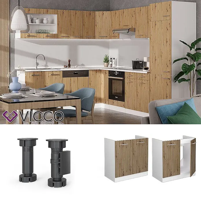 Vicco Schrankküche R-Line Artisan-Eiche ohne Arbeitsplatte - Artisan-Eiche, Spülenunterschrank 80 cm - Modulküche mit gerippten hellen Holzschränken und weißen Elementen, dazu verstellbare Füße und Schrankmodule.