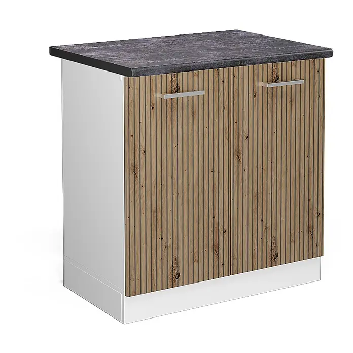 Vicco Schrankküche R-Line Artisan-Eiche, AP Anthrazit - Artisan-Eiche, Spülenunterschrank 80 cm, AP Anthrazit - Zweitüriger Unterschrank mit dunkelgrauer Arbeitsplatte, weißem Korpus und Holzlamellentüren mit Silbergriffen.