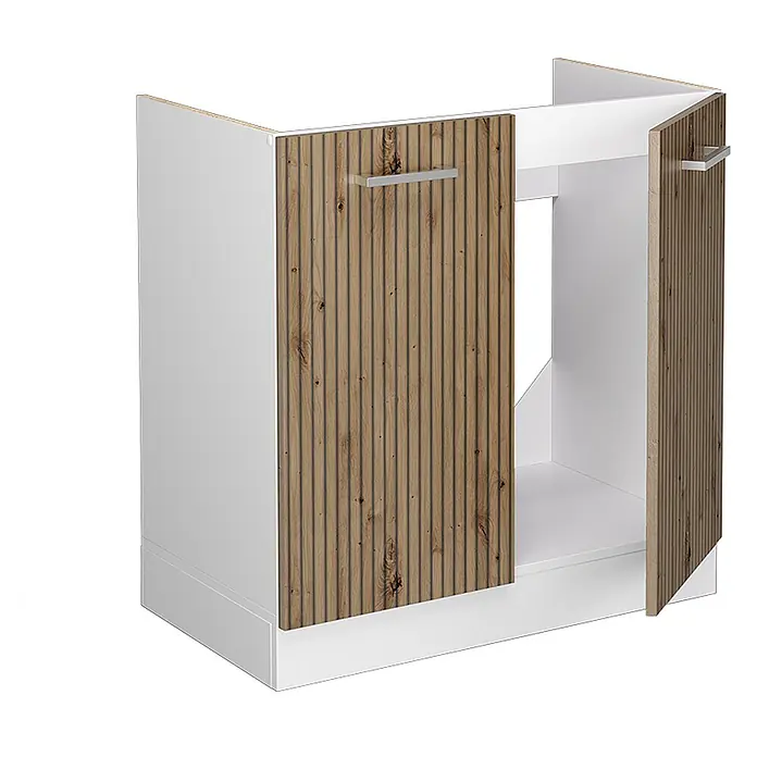 Vicco Schrankküche R-Line Artisan-Eiche ohne Arbeitsplatte - Artisan-Eiche, Spülenunterschrank 80 cm - Weißer Unterschrank mit zwei hellbraunen Latten-Holzoptik-Türen und Metallgriffen, eine Tür teilweise geöffnet.