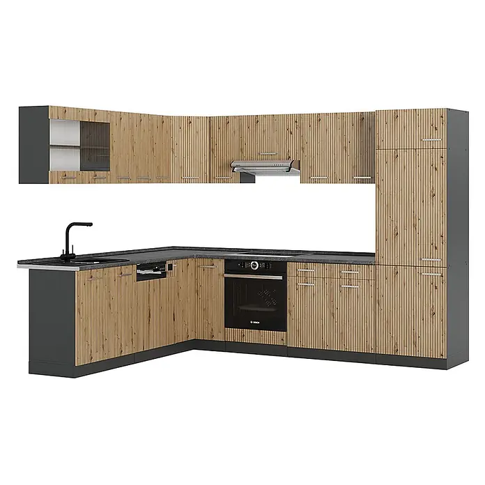 Vicco Eckküche R-Line Artisan Eiche/Anthrazit, AP Anthrazit - B x T: 287 x 60 cm, Artisan-Eiche, Ohne Elektrogeräte - L-förmige Küche mit hellen Holzrippenfronten, dunkelgrauen Arbeitsplatten und integriertem Backofen, Kochfeld, Spüle, Geschirrspüler.