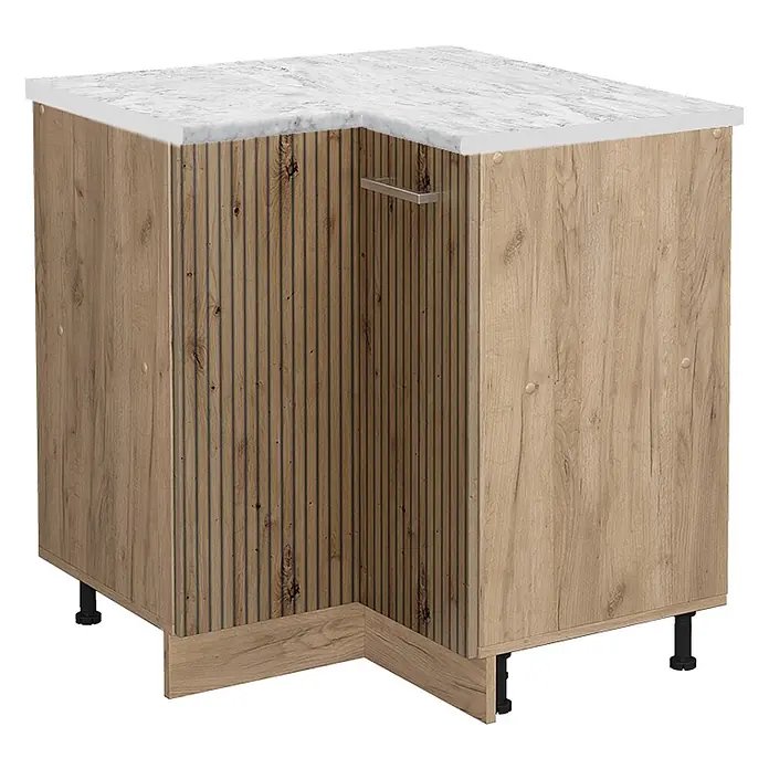 Vicco Schrankküche R-Line Artisan-Eiche AP Marmor - Artisan-Eiche, Eckunterschrank, AP Marmor - Eckunterschrank Küche in heller Holzoptik mit Rillenstruktur, weißer Marmorplatte und Metallgriff.