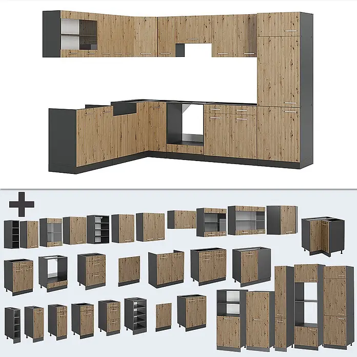 Vicco Eckküche R-Line Artisan Eiche/Anthrazit, AP Eiche - B x T: 287 x 60 cm, Artisan-Eiche, Ohne Elektrogeräte - Modulare Küchenmöbel: Dunkelgraue Schränke mit hellbraunen, lamellierten Holzfronten. Mit Unter-, Ober- und Hochschränken.