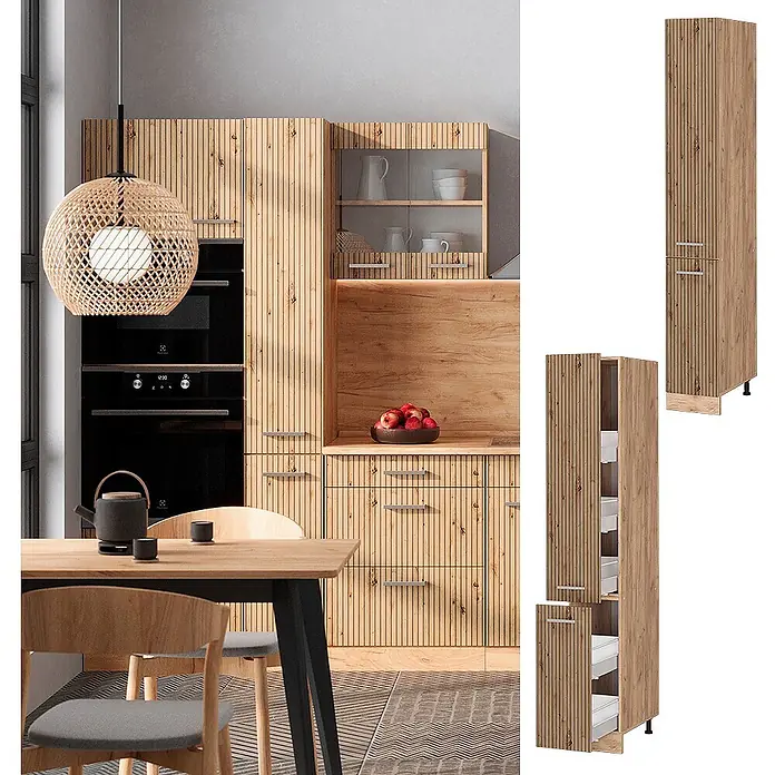Vicco Schrankküche R-Line Artisan-Eiche - Artisan-Eiche, Apothekerhochschrank 30 cm - Helle Küchenschränke aus Holz mit vertikaler Rillenstruktur, inklusive hohem Vorratsschrank.