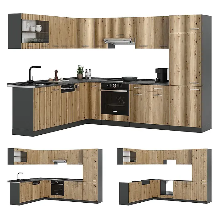 Vicco Eckküche R-Line Artisan Eiche/Anthrazit, AP Eiche - B x T: 287 x 60 cm, Artisan-Eiche, Ohne Elektrogeräte - Eckküche mit hellen Holzlamellenfronten, dunkelgrauen Rahmen und integrierten Geräten.