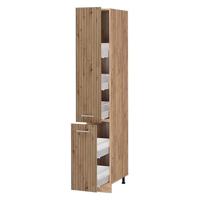 Vicco Schrankküche R-Line Artisan-Eiche - Artisan-Eiche, Apothekerhochschrank 30 cm - Hoher schmaler Holzschrank mit geriffelten Türen und silbernen Griffen, der weiße Auszugskörbe zeigt.